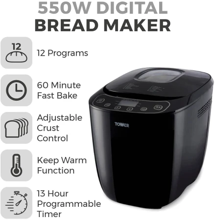 Tower T11003 Digital Bread Maker, 12 Automatic Programs, 13 Hours Delay Timer, Non-Stick Bread Pan, 550W, Black 2.jpg