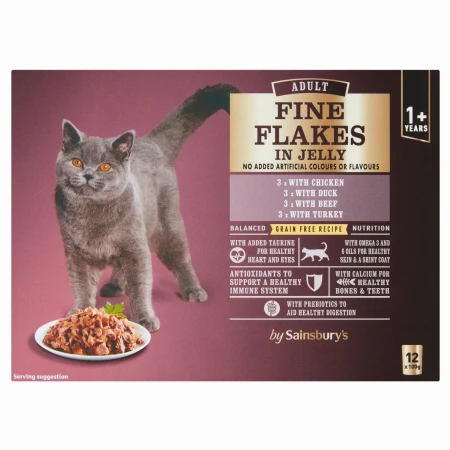 Sainsbury's Adult Fine Flakes 1+ Adult Cat Food Meat Selection in Jelly 12 x 100g.jpg