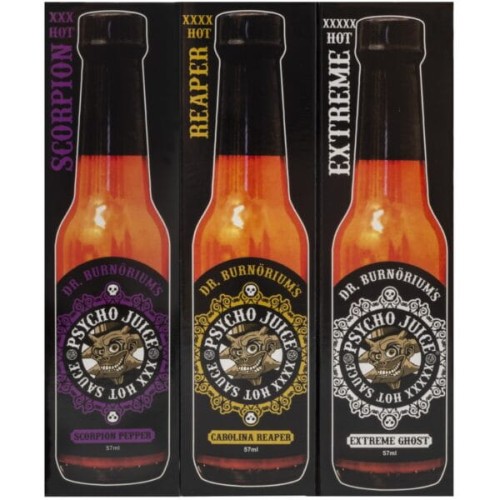 Przejdź do produktu Psycho Juice Mini Three Hot Chilli Pepper Sauce Selection 3 x 59ml Bottles