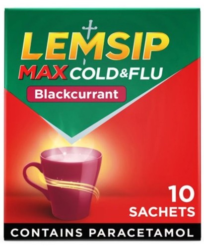 Przejdź do produktu Lemsip Max Cold & Flu Blackcurrant Sachets Paracetamol 10 per pack