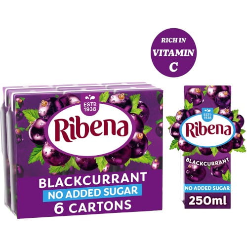 Przejdź do produktu Ribena Blackcurrant NO ADDED SUGAR Juice cartons 6 x 250ml