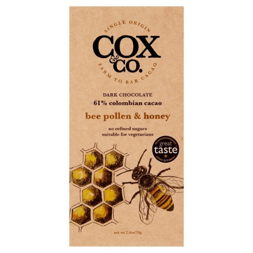 Przejdź do produktu Cox & Co. Bee Pollen & Honey 61% Colombian Cacao Dark Chocolate Bar 70g