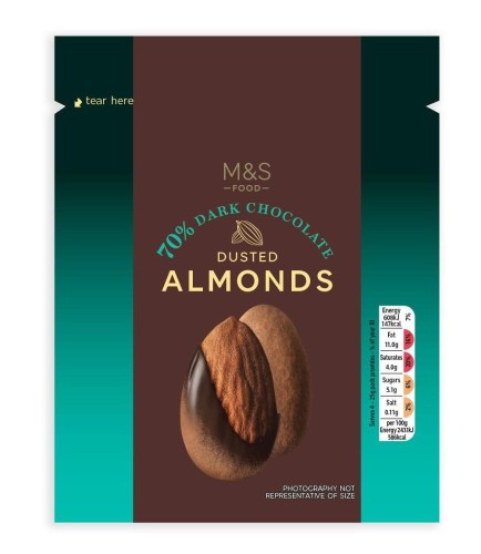 Przejdź do produktu Marks & Spencer 70% Dark Chocolate Cocoa Dusted Almonds 100g
