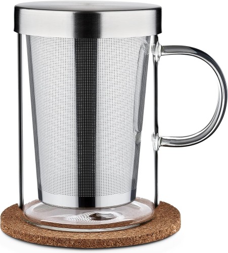 Przejdź do produktu Cosumy Borosilicate Glass Tea Cup with Fine-Mesh Infuser & Lid, Natural Cork Coaster 400ml