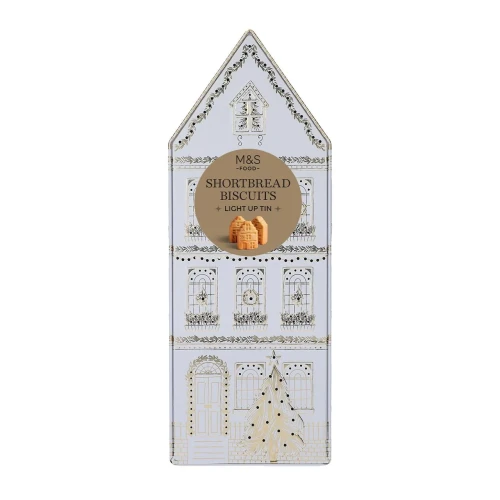 Przejdź do produktu Marks & Spencer Shortbread Biscuits Light Up House Tin 230g (BIAŁA LUB ZŁOTA PUSZKA WYSYŁANA LOSOWO)