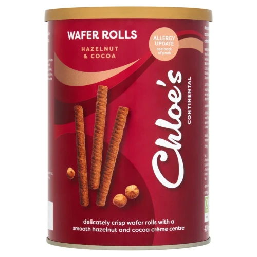 Przejdź do produktu Chloe's Dalicately Crisp Wafer Rolls with Hazelnut & Cocoa Creme Tin 400g