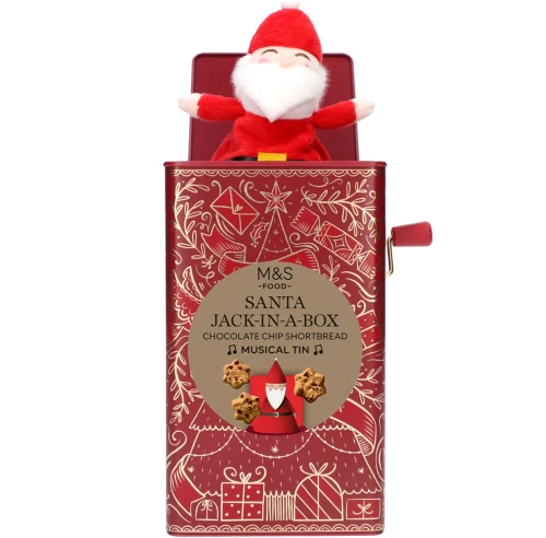 Przejdź do produktu Marks & Spencer Santa Jack-In-A-Box Musical Biscuit Tin with Choc Chip Shortbread 250g