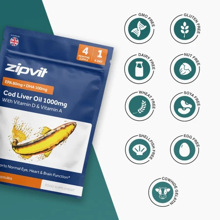 Zipvit Cod Liver Oil Capsules High Strength 1000mg + Vitamin D & A, Supports Heart, Brain, Eye Health, Eco-Friendly Resealable Pouch, 120 Softgel Capsules 7.jpg