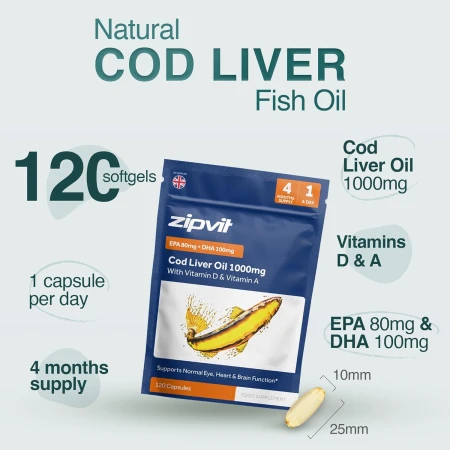 Zipvit Cod Liver Oil Capsules High Strength 1000mg + Vitamin D & A, Supports Heart, Brain, Eye Health, Eco-Friendly Resealable Pouch, 120 Softgel Capsules 5.jpg