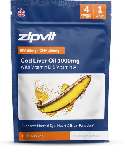 Przejdź do produktu Zipvit Cod Liver Oil Capsules High Strength 1000mg + Vitamin D & A, Supports Heart, Brain, Eye Health, Eco-Friendly Resealable Pouch, 120 Softgel Capsules