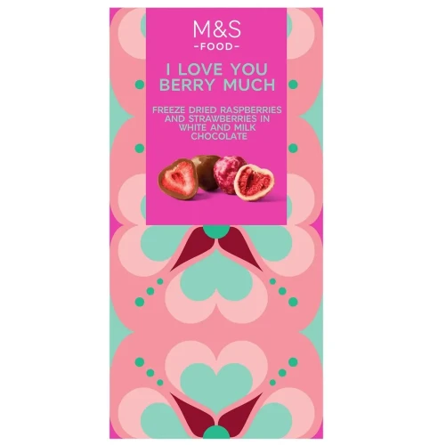 Przejdź do produktu Marks & Spencer I Love You Berry Much Freeze Dried Raspberries in Marbled White Chocolate & Strawberries in Creamy Milk Chocolate  100g