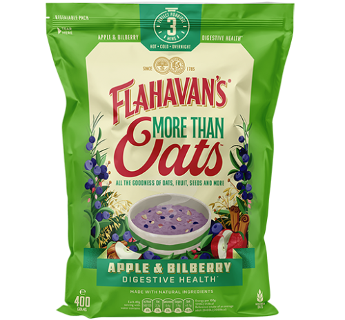Przejdź do produktu Flahavan’s More Than Oats – Apple & Bilberry blend of creamy jumbo & steel cut oats, Chia seeds, Apple and Bilberries 400g