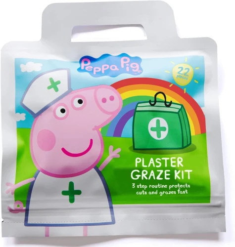 Przejdź do produktu Peppa Pig Plaster Graze Kit - Cleansing Wipes, 10 finger & 4 Large Plasters, 2 Graze Plasters , Latex Free, Hypoallergenic & Washproof