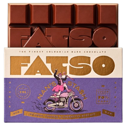 Przejdź do produktu FATSO Nan's Stash 70% Dark Colombian Chocolate Bar with Peanut, Toffee & Biscuit 150g 