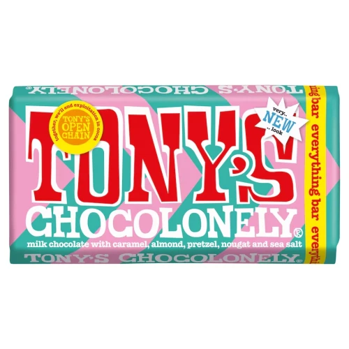 Przejdź do produktu Tony's Chocolonely Everything Bar Crunchy Pretzels, Toffee, Caramel, Almonds, Chewy Nougat, pinch of Sea Salt 180g