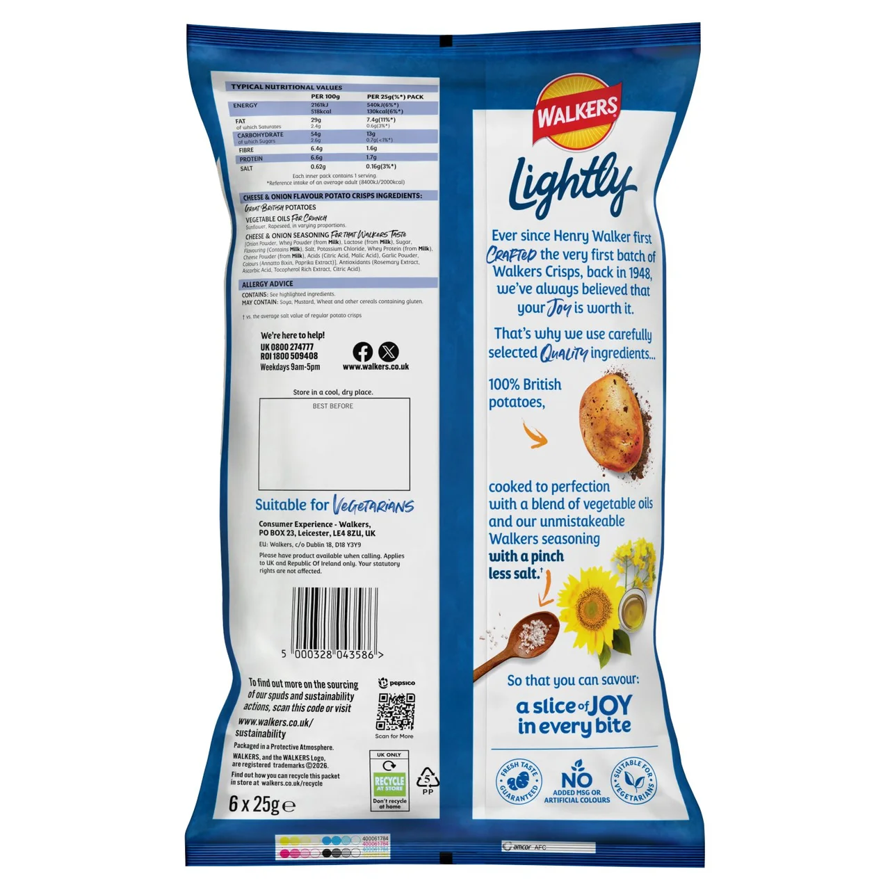 Walkers LIGHTLY Cheese & Onion Multipack Crisps 6 x 25g 2.webp